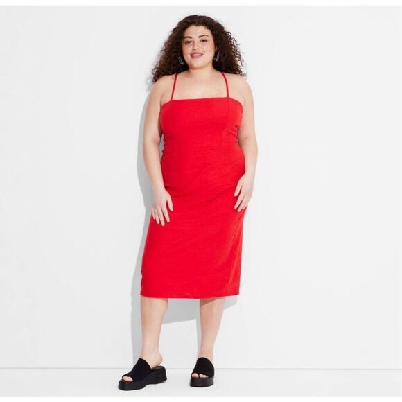 ✨Wild Fable Women's Linen Lace Tie Back Red Summer Midi Slip Sz 14 Dress✨ - Picture 1 of 9